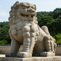Fototapeta premium Ancient Stone Lion Guardian Statue at Korean Temple Grounds: Majestic Sculpture in Serene Natural Setting