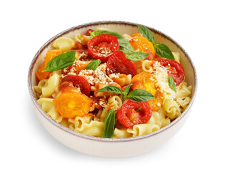 Bowl of tasty pasta with tomato and basil on white background