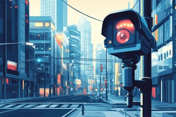 Security camera on pole in cityscape