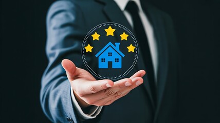 Business concept showing home icon with rating stars held in hand holographic marketing interface
