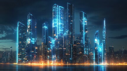 Fototapeta premium Futuristic illuminated cityscape at night with glowing buildings and water
