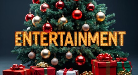 entertainment lettering on christmas tree with presents and baubles lights