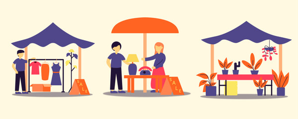 A charming vector illustration of a small market scene with vendors selling food, drinks, and handicrafts under colorful tents. Ideal for lifestyle, tourism, food, and community designs.
