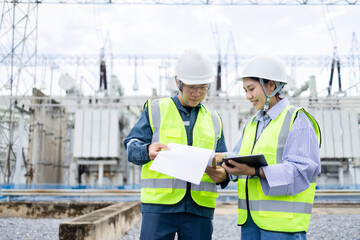Two engineers are working at high voltage power substation conducting inspection and check of...