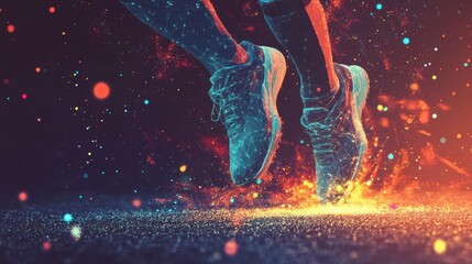 Energetic runner's legs in mid-air, sparks and fire trails below.