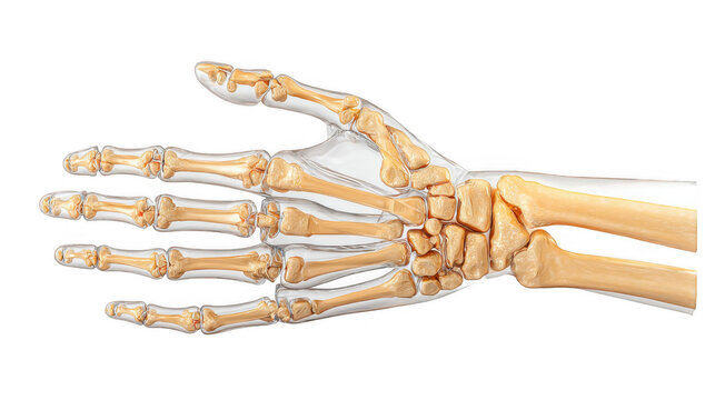 Realistic 3d rendering of human hand bones with carp showing anatomy on transparent background, perfect for medical illustrations or educational projects