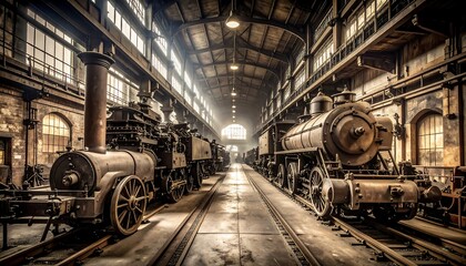 Obraz premium Vintage Steam Locomotives in a Historic Train Depot