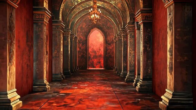 Red-hued arched hallway with ornate columns and a distant fiery portal