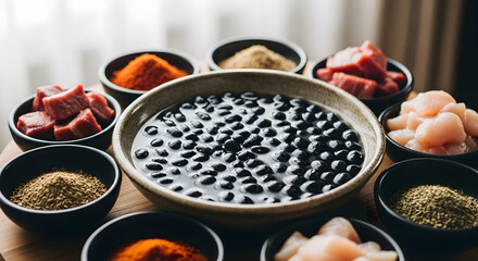 Ingredients for Delicious Brazilian Feijoada Stew: Black Beans, Meats, and Spices