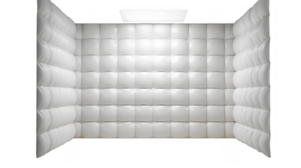 White padded cell with a transparent background illuminated by a ceiling light, creating a sterile and isolated environment commonly associated with mental health facilities and confinement
