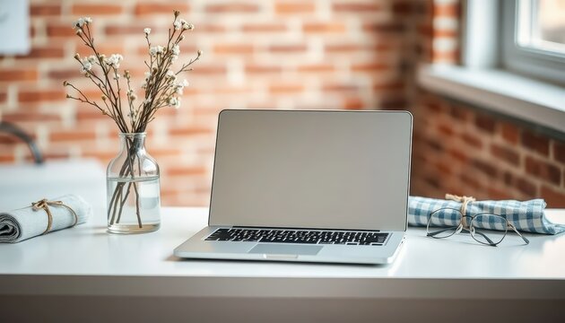 A silver MacBook Air on a white desk