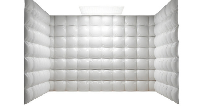 White padded cell with a transparent background illuminated by a ceiling light, creating a sterile and isolated environment commonly associated with mental health facilities and confinement
