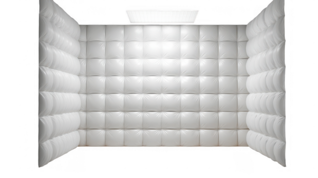 White padded cell with a transparent background illuminated by a ceiling light, creating a sterile and isolated environment commonly associated with mental health facilities and confinement