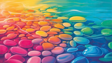 An abstract digital scene with flowing colorful stones creating a river-like formation in gradient tones from warm reds and yellows to deep blues and greens.
