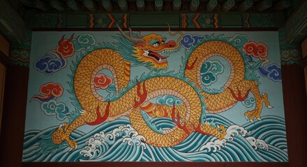 Obraz premium Vibrant Dragon Mural in Traditional Korean Architecture: A Masterpiece of Asian Art