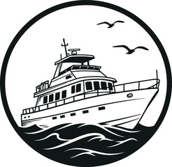 Obraz premium Stylized yacht sailing on waves with flying seagulls in circular frame, marine vector illustration, nautical theme, black and white boat graphic, ocean travel icon