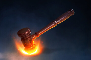 Burning hammer with fire burning effect on dark smoke background
