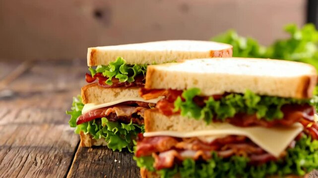 Delicious BLT sandwiches on rustic wooden table featuring crispy bacon, lettuce, tomato, and cheese stacked between soft white bread