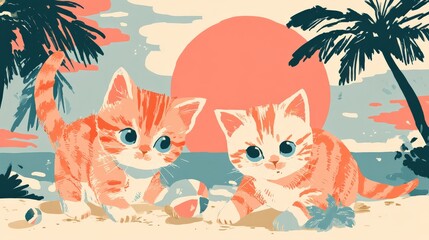Fototapeta premium Playful Kittens on Beach with Sunset and Tropical Palm Trees