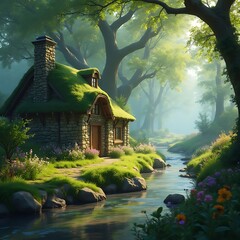 Idyllic stone cottage with moss roof sits beside a flowing river in a tranquil forest setting.