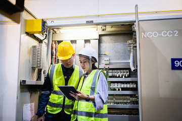 Two engineers wearing insulated helmets and safety vests inspect electric grid switchgear field...