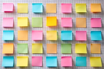 Colorful sticky notes arranged in grid on whiteboard for planning and organization