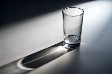 Empty glass with dramatic shadow in minimalist still life on white surface