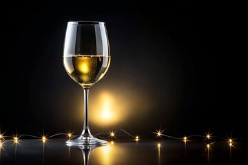 Glass of sparkling white wine with festive lights for New Year Eve celebration
