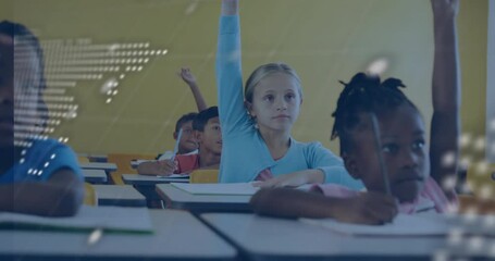 Six classmates sitting in class noticing world map and code overlays, raising hands for tech lesson - Powered by Adobe