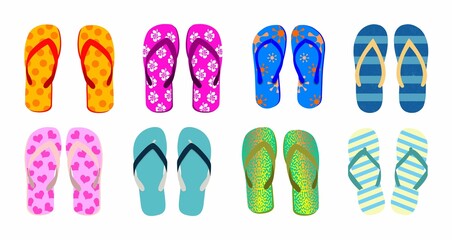 A colorful assortment of flip-flops with various patterns.