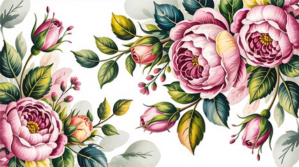 Elegant vintage floral border of pink roses and green leaves on white background
