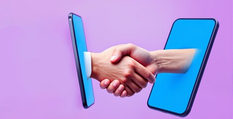 Two hands shaking through smartphone screens symbolizing virtual business partnership or digital agreement on purple background. Ai generative.