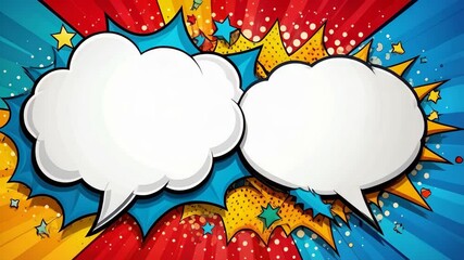 Dynamic comic book style background with two blank speech bubbles, colorful graphic explosion elements, and halftone patterns for text and messages. - Powered by Adobe