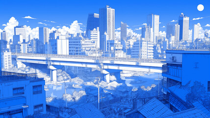 高架線を行く都市の朝焼け　雲・月・都市ビル群・橋脚の建築美・夜明け前の静寂と幻想的な光のデジタルアート風景イラスト