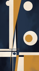 Bold modernist composition with large color swaths in navy, mustard, and ivory, edged with visible dry brush textures.
