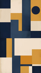 Bold modernist composition with large color swaths in navy, mustard, and ivory, edged with visible dry brush textures.