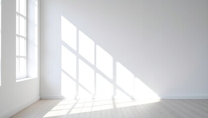 Obraz premium A bright, airy white room featuring warm wooden floors, large windows that invite natural light, and minimalist decor for a serene atmosphere.