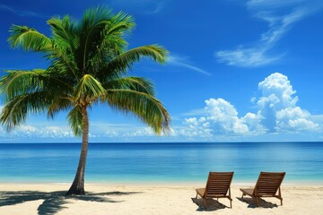Tropical beach scene with a lone palm tree and beach chairs.