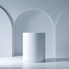 A sleek, white ceramic vase elegantly rests atop a minimalist, empty wooden table, casting soft shadows in the warm, ambient light of the room.