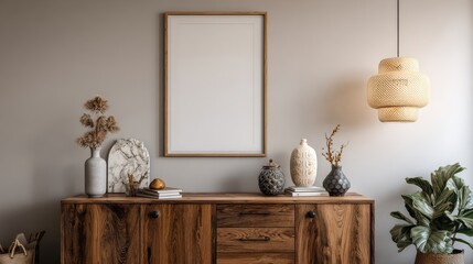 Blank Wooden Frame Above Mid-Century Modern Cabinet with Vintage Ornaments