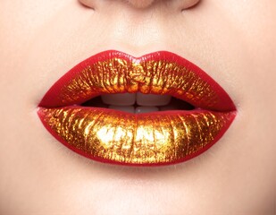 Obraz premium A close-up of a woman’s lips adorned with vibrant red lipstick, accentuated by shimmering gold foil, creating a striking and glamorous look.