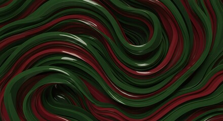 Fototapeta premium Abstract design of interwoven green and red lines, glossy finish, swirling composition, evoking movement and depth.