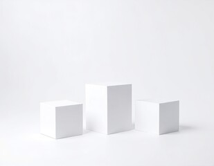 Three pristine white cubes are arranged neatly on a smooth, light-colored surface, casting soft shadows that enhance their geometric simplicity.