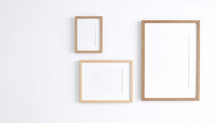 Three elegant frames hang on a textured wall, each showcasing unique artwork. The frames vary in size and color, adding visual interest to the space.
