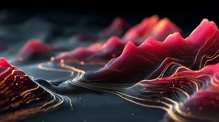 Futuristic Digital Geology Terrain with Glowing Contour Lines, Minimalist 3D Wireframe Cartography on Dark Background