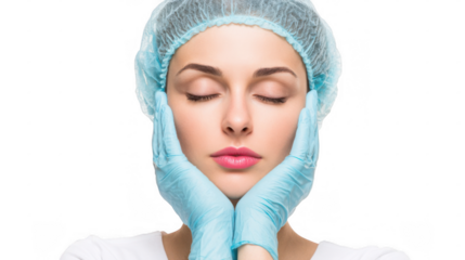 Doctor wearing surgical cap and gloves gently touching her face with closed eyes, isolated on transparent background, conveying a sense of relief and skincare