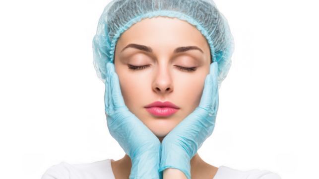 Doctor wearing surgical cap and gloves gently touching her face with closed eyes, isolated on transparent background, conveying a sense of relief and skincare