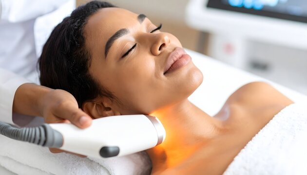 Young African American Woman Receiving Professional Light Therapy Skin Treatment with Warm Glow