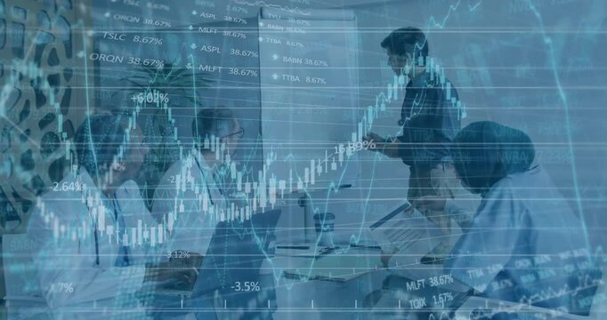 Female doctor tracing chart curve on flipchart and launching animated overlay guiding discussion