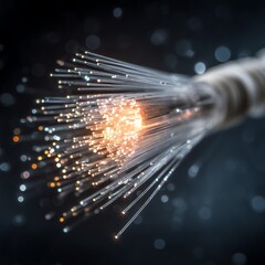 Close-Up Optical Fiber Connection - Glowing Data Transfer with Simple Tech Focus and Copy Space